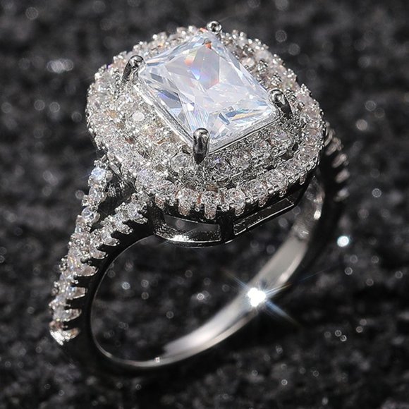 💥DOUBLE LAYER 14K WHITE GOLD RADIANT CUT PURE CZ LUXURY WEDDING RING, K856 - Picture 1 of 6
